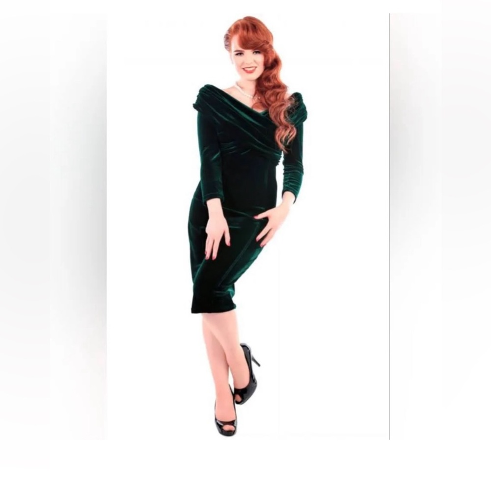 Collectif Vintage London Dark Green Velvet Hollie Dress Size Medium